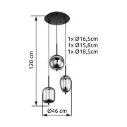 Hængelampe Blacky, sort/røggrå, Ø 46 cm, glas, 3 lyskilder.