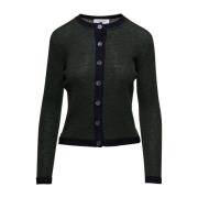 Grøn Wool Rib Cardigan med Kontrastkanter