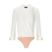 Ivory Georgette Bodysuit Skjorte med Rhinestone og Pearl Knapper