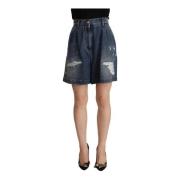 Blå Distressed Højtaljede Bermuda Shorts