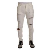 Hvide Tattered Skinny Bomuld Herre Denim Jeans