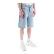 Vasket denim shorts med læderlogo