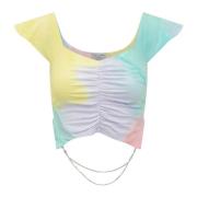 Cropped V-Hals Tie Dye T-Shirt med Rhinestone Tribal Mønster