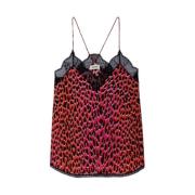 Leopard Print Silke Camisole med Blondekant