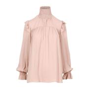 Cotton Turtleneck Bluse med Ruffles