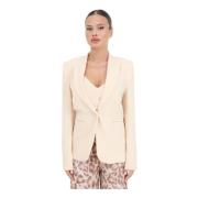 Beige Blazer med Enkelt Metallisk Knap