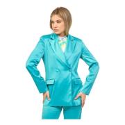 Turkis Dobbeltbrystet Satin Blazer