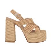 Beige Raffia Hæl Sandaler