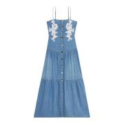 Blomstret Broderet Denim Kjole