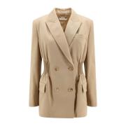 Beige Blazer Peak Lapel Double-Breasted