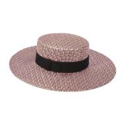 Stribet Raffia Canotier Hat i Mauve