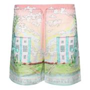 Multifarved Linnedshorts Elastisk Talje