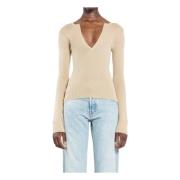 Beige Rib Strik V-Hals T-Shirt