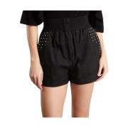 Sort Linen Blend Shorts med Stud Detaljer