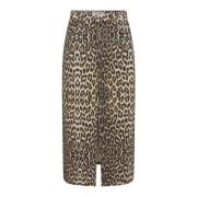 Leopard Print Denim Slit Skirt Khaki