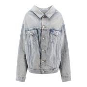 Denim Off-Shoulder Jakke med Metal Knapper