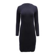 Navy Blue Ribbed-Knit Langærmet Kjole