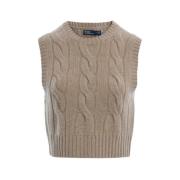 Beige Cable Strik Ærmeløs Sweater