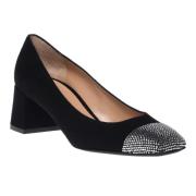 Court shoes in black suede with rhinestones