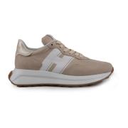 Beige Læder Sneakers med Tekstilindsatser