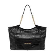 Sort Croco Shopper Taske med Guld Logo