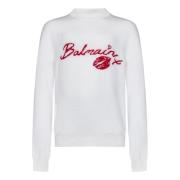 Hvid Strikket Crewneck Sweater med Logo