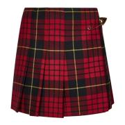 Rød Tartan Uld Plisseret Mini Nederdel