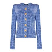 Jacquardstrikket cardigan med denim effekt