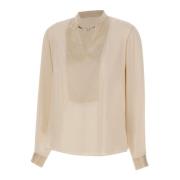 Ivory V-Neck Bluse med Guld Kæde