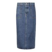 Denim Midi Nederdel med Lommer og Slids