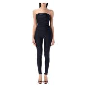 Sort Strapless Jumpsuit med Draperet Detaljer