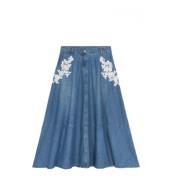 Blomstret Broderet Lang Denim Nederdel