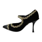 Elegant Sort Fløjl Guld Broderede Pumps