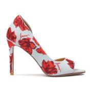 Denim stof peep toe pumps med broderede blomster