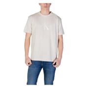 Beige Trykt Rund Hals T-Shirt