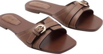 MANGO Buckle Leather Sandals Kvinde Medium Brown Flade Sandaler Str 40...