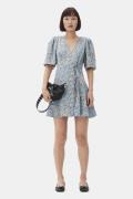 Ganni Crinkled Satin Mini Wrap Dress Kvinde Dusty Blue Korte Kjoler St...